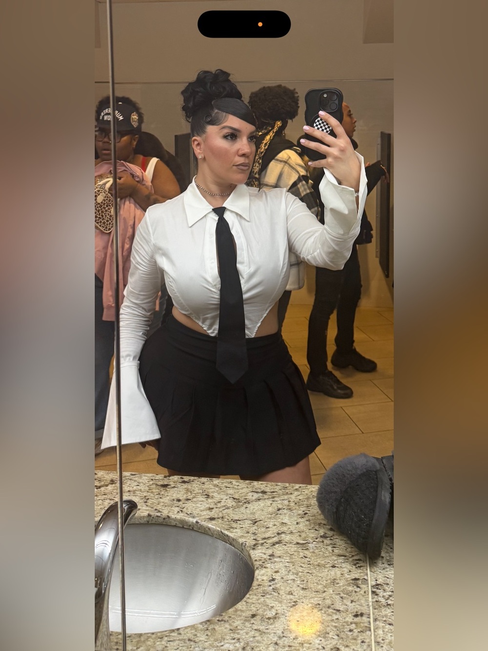 Fashion Nova Black pleated skirt, body suit and shoes